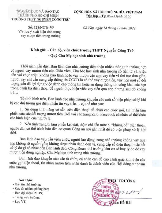 Trích văn bản 128 của Trường trung học phổ thông Nguyễn Công Trứ, Gò Vấp (ảnh: P.L)