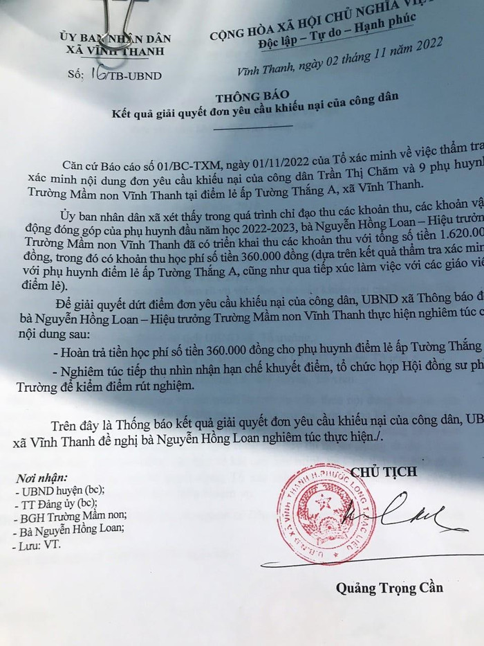 Thông báo số 16 của Ủy ban nhân dân xã Vĩnh Thanh, huyện Phước Long, tỉnh Bạc Liêu (ảnh: P.L) Thông báo số 16 của Ủy ban nhân dân xã Vĩnh Thanh, huyện Phước Long, tỉnh Bạc Liêu (ảnh: P.L)