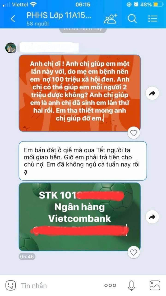 Tin nhắn thầy D.nhắn mượn phụ huynh lớp 11A15 trong group Zalo (ảnh: CTV) Tin nhắn thầy D.nhắn mượn phụ huynh lớp 11A15 trong group Zalo (ảnh: CTV)