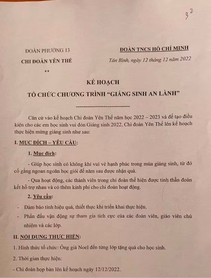 Trích kế hoạch tổ chức chương trình "Giáng sinh an lành" của Chi đoàn Yên Thế (ảnh: CTV)