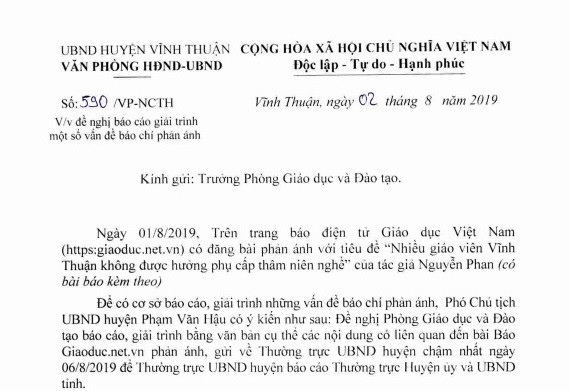 Ủy ban huyện yêu cầu Phòng Giáo dục giải trình vụ giáo viên không được phụ cấp Ủy ban huyện yêu cầu Phòng Giáo dục giải trình vụ giáo viên không được phụ cấp