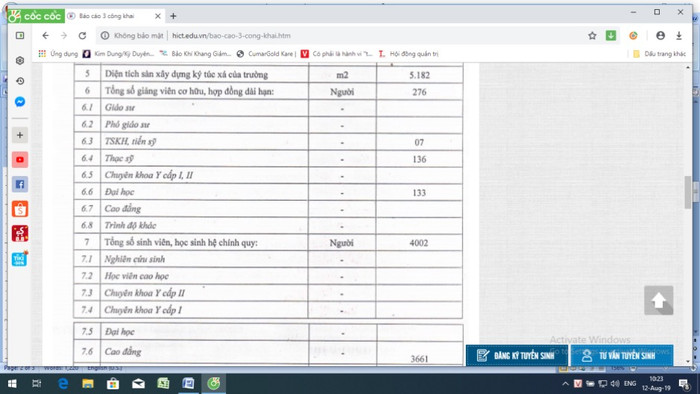 Ảnh chụp màn hình số liệu ba công khai Đại học Công nghiệp Dệt May Hà Nội.