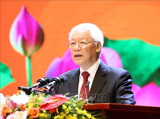 Tổng Bí thư, Chủ tịch nước Nguyễn Phú Trọng đọc diễn văn tại buổi lễ. Ảnh: Phương Hoa /TTXVN Tổng Bí thư, Chủ tịch nước Nguyễn Phú Trọng đọc diễn văn tại buổi lễ. Ảnh: Phương Hoa /TTXVN