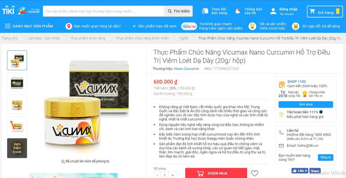 Quảng cáo sản phẩm thực phẩm bảo vệ sức khỏe Vi- Cumax Nano Curcumin trên Tiki.vn có dấu hiệu lừa dối người tiêu dùng Quảng cáo sản phẩm thực phẩm bảo vệ sức khỏe Vi- Cumax Nano Curcumin trên Tiki.vn có dấu hiệu lừa dối người tiêu dùng