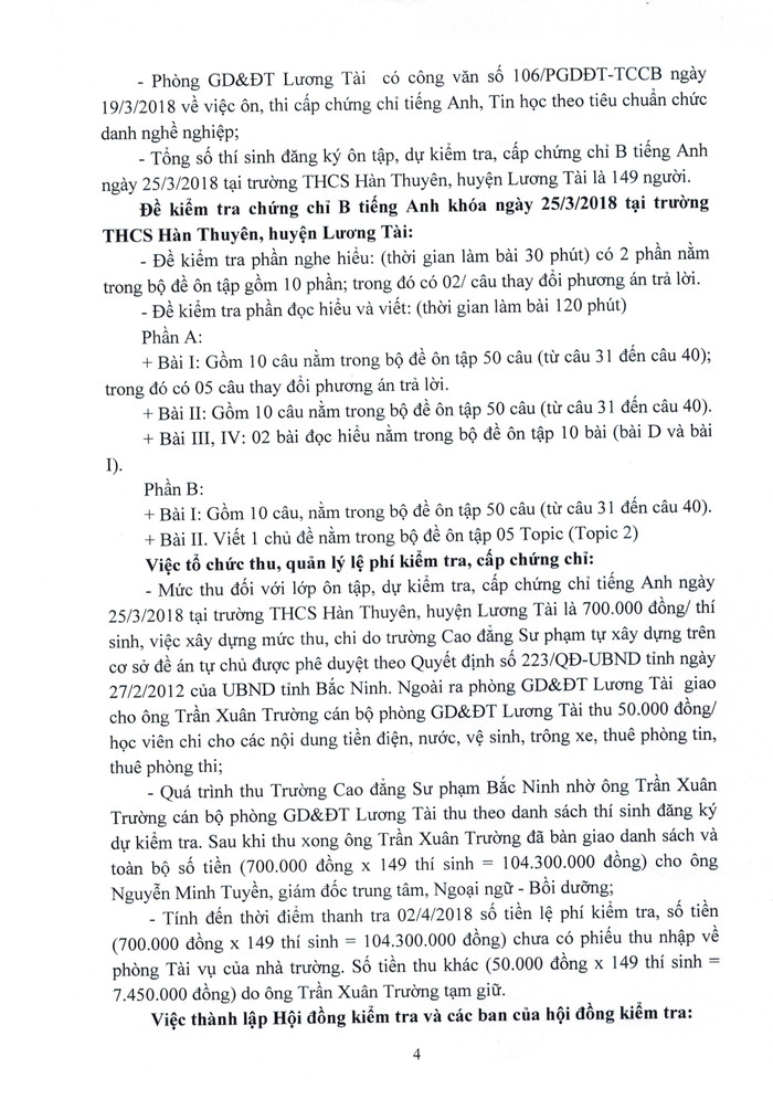 Kết luận thanh tra của Sở Giáo dục và Đào tạo Bắc Ninh chỉ rõ, hầu hết nội dung trong đề kiểm tra cấp chứng chỉ tiếng Anh trình độ B tại huyện Lương Tài có trong bộ đề ôn tập phát cho thí sinh. Ảnh: Chụp từ kết luận thanh tra. Kết luận thanh tra của Sở Giáo dục và Đào tạo Bắc Ninh chỉ rõ, hầu hết nội dung trong đề kiểm tra cấp chứng chỉ tiếng Anh trình độ B tại huyện Lương Tài có trong bộ đề ôn tập phát cho thí sinh. Ảnh: Chụp từ kết luận thanh tra.