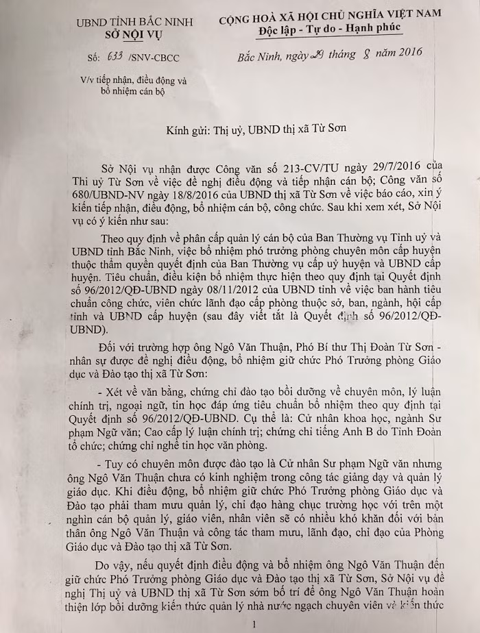 Văn bản trả lời của Sở Nội vụ tỉnh Bắc Ninh đồng ý cho Ủy ban nhân dân thị xã Từ Sơn bổ nhiệm ông Ngô Văn Thuận giữ chức Phó Trưởng phòng Giáo dục và Đào tạo "nợ" tiêu chuẩn. Ảnh: V.P