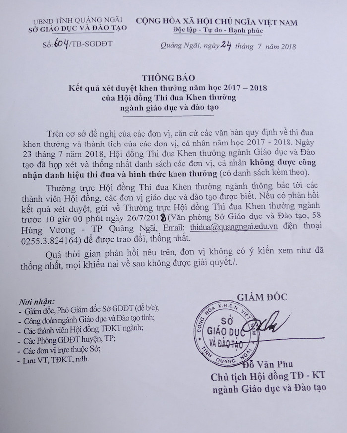 Thông báo số 604/TB-SGDĐT, ngày 24/7/2018 về Kết quả xét duyệt khen thưởng năm học 2017-2018 của Hội đồng Thi đua Khen thưởng ngành Giáo dục và Đào tạo Quảng Ngãi. Ảnh: Thiên Ấn