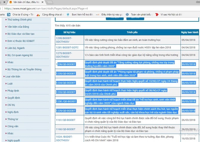 Ảnh chụp màn hình phần “Văn bản chỉ đạo điều hành” cổng thông tin Bộ Giáo dục và Đào tạo