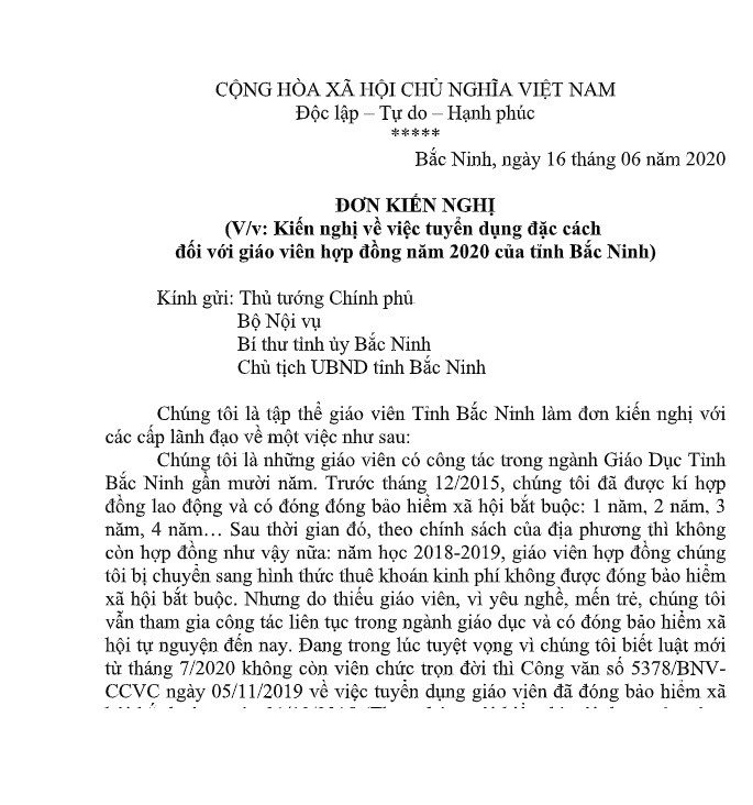 148 giáo viên hợp đồng tỉnh Bắc Ninh gửi đơn kiến nghị đến Bộ Nội vụ (Ảnh:V.N) 148 giáo viên hợp đồng tỉnh Bắc Ninh gửi đơn kiến nghị đến Bộ Nội vụ (Ảnh:V.N)