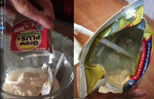 Sản phẩm sữa của Nutifood từng bị phản ánh vón cục, kém chất lượng dù còn hạn sử dụng. ảnh nguồn: Nhà Báo và Công Luận, Báo Chất lượng Việt Nam.