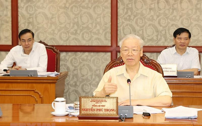 Tổng Bí thư Nguyễn Phú Trọng chủ trì họp Bộ Chính trị. (Ảnh: Trí Dũng/TTXVN) Tổng Bí thư Nguyễn Phú Trọng chủ trì họp Bộ Chính trị. (Ảnh: Trí Dũng/TTXVN)