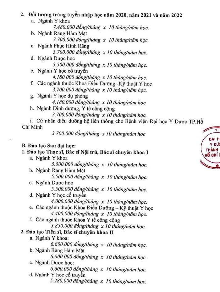 Bảng học phí các ngành nghề đào tạo của Trường Đại học Y Dược Thành phố Hồ Chí Minh (ảnh: CTV)