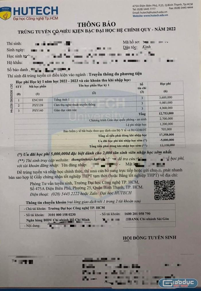 Thông báo trúng tuyển có điều kiện của HUTECH có ghi ưu đãi 5 triệu đồng cho thí sinh đóng học phí sớm (ảnh: P.L)