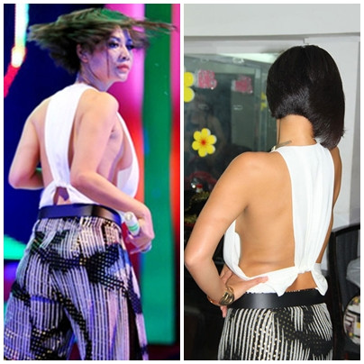 Vì thế cho nên nhất cử nhất động của cô điều khiến khán giả "nhức mắt" vì khuôn ngực tròn căng cứ lấp ló, ẩn hiện sau chiếc áo "hở hết cỡ" của mình. Không những vậy, chiếc quần của cô cũng cực kỳ "khó hiểu". Vì thế cho nên nhất cử nhất động của cô điều khiến khán giả "nhức mắt" vì khuôn ngực tròn căng cứ lấp ló, ẩn hiện sau chiếc áo "hở hết cỡ" của mình. Không những vậy, chiếc quần của cô cũng cực kỳ "khó hiểu".