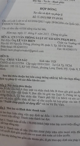 Một trong số các hợp đồng dịch vụ pháp lý của luật sư Hiền ký với gia đình ông Sáu (ảnh: P.L) Một trong số các hợp đồng dịch vụ pháp lý của luật sư Hiền ký với gia đình ông Sáu (ảnh: P.L)