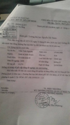 Xác nhận của trường đại học Mở TP.HCM về việc bằng của ông Nguyên không có hồ sơ gốc (ảnh: P.L) Xác nhận của trường đại học Mở TP.HCM về việc bằng của ông Nguyên không có hồ sơ gốc (ảnh: P.L)