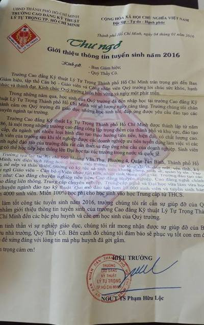 Thư ngỏ giới thiệu tuyển sinh của trường Lý Tự Trọng, do ông Lộc ký cũng ghi rõ NGUT - TS (Ảnh: P.L) Thư ngỏ giới thiệu tuyển sinh của trường Lý Tự Trọng, do ông Lộc ký cũng ghi rõ NGUT - TS (Ảnh: P.L)