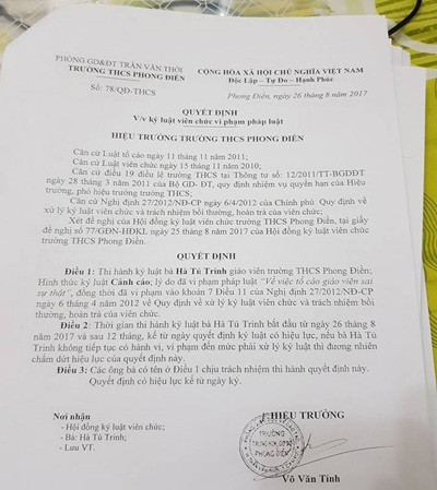 Quyết định số 78, kỷ luật cảnh cáo cô Trinh do ông Võ Văn Tính ký (ảnh: P.L) Quyết định số 78, kỷ luật cảnh cáo cô Trinh do ông Võ Văn Tính ký (ảnh: P.L)