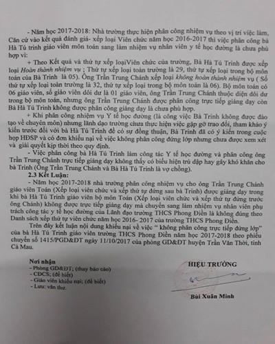 Trích kết luận số 108 của Hiệu trưởng Trường Phong Điền, Cà Mau (ảnh: P.L) Trích kết luận số 108 của Hiệu trưởng Trường Phong Điền, Cà Mau (ảnh: P.L)