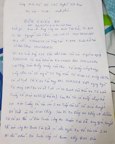 Đơn khiếu nại của anh Nguyễn Văn Thìn về việc tai nạn giao thông (ảnh: P.L)