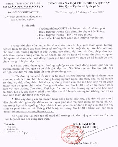 Văn bản 2632 của Sở Giáo dục và Đào tạo tỉnh Sóc Trăng (ảnh: CTV) Văn bản 2632 của Sở Giáo dục và Đào tạo tỉnh Sóc Trăng (ảnh: CTV)