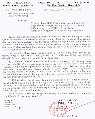 Văn bản 2632 của Sở Giáo dục và Đào tạo tỉnh Sóc Trăng (ảnh: CTV) Văn bản 2632 của Sở Giáo dục và Đào tạo tỉnh Sóc Trăng (ảnh: CTV)