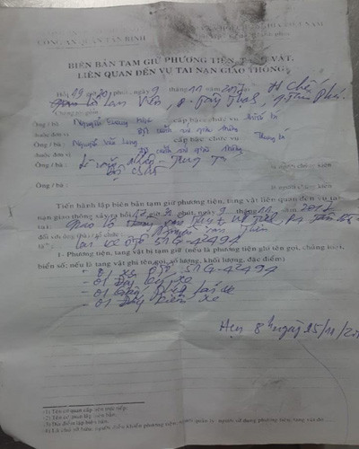 Biên bản tạm giữ phương tiện không có đóng dấu của Công an quận Tân Bình (Ảnh: CTV)