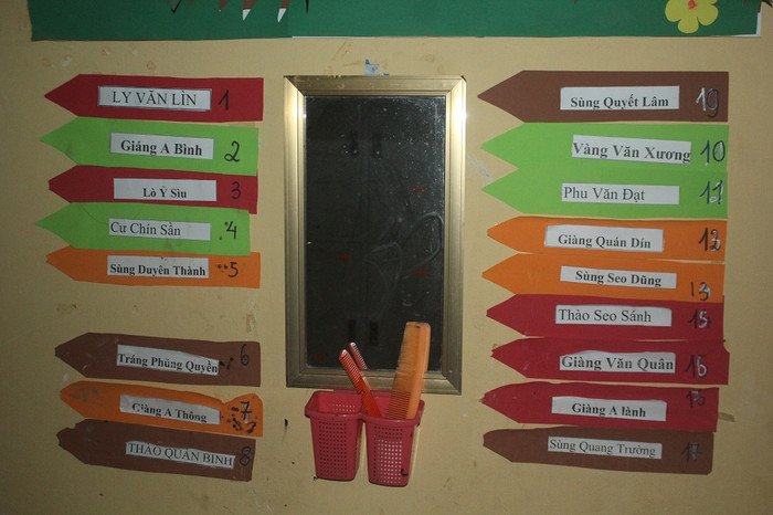 Danh sách các em học sinh trong một phòng. Tại trường có 8 phòng ở, mỗi phòng từ 16-18 em. Các em tự phân công nhau dọn vệ sinh trong phòng một cách tự giác (Ảnh: Đức Minh)