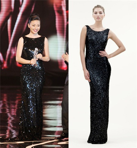 Chiếc váy đen đính sequin Ngô Thanh Vân mặc trong Đêm hội chân dài là của NTK Minh Tú. Tuy nhiên, không khó để những tín đồ thời trang tinh ý nhận ra, mẫu thiết kế này chẳng có gì khác biệt so với mẫu váy thuộc thương hiệu Jenny Packham.