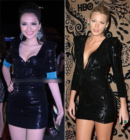 Diễm Hương mặc váy nhái của Versace.