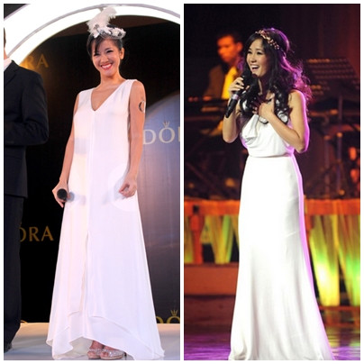 Dù bay bổng với chiếc váy trắng suông hay hóa nữ thần với hoa đội đầu và váy nhấn éo thì trông Hồng Nhung cũng như một cô nàng đang độ tuổi 20