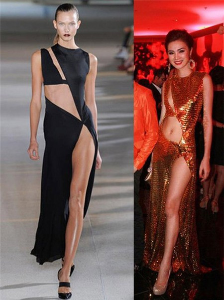 Trong Đêm hội chân dài hồi tháng 5, Siêu mẫu Ngọc Oanh từng diện chiếc váy có đường cắt khoét giống hệt chiếc váy nằm trong BST của Anthony Vacarello SS2012, chỉ có chất liệu là khác biệt.