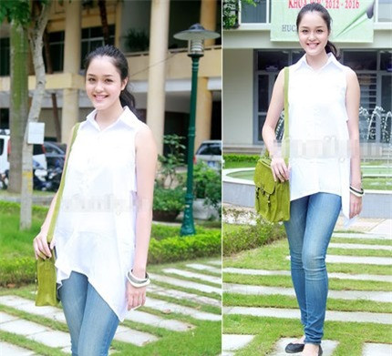 Hoàng Anh giản dị , trẻ trung với áo sơ mi trắng, quần jeans. Hoàng Anh giản dị , trẻ trung với áo sơ mi trắng, quần jeans.