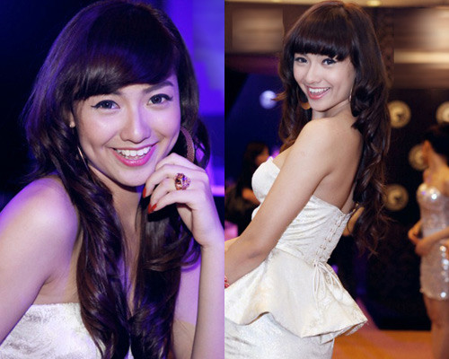 Cô trang điểm mắt đậm một chút và kết hợp cùng màu son hồng tươi cho các sự kiện buổi tối.