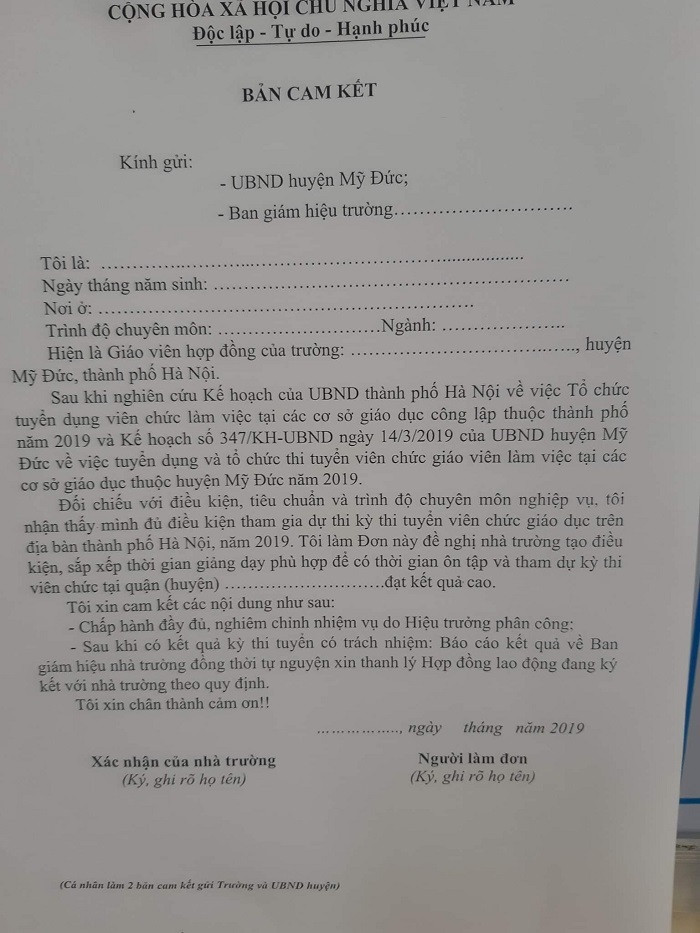 Nội dung bản cam kết do phòng Nội vụ huyện Mỹ Đức soạn thảo và gửi cho các trường (Ảnh: Vũ Ninh) Nội dung bản cam kết do phòng Nội vụ huyện Mỹ Đức soạn thảo và gửi cho các trường (Ảnh: Vũ Ninh)
