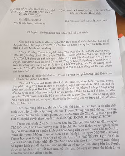 Công văn của Chi cục Thi hành án dân sự Thủ Đức gửi lãnh đạo thành phố đề nghị hỗ trợ thi hành án (ảnh: P.L)