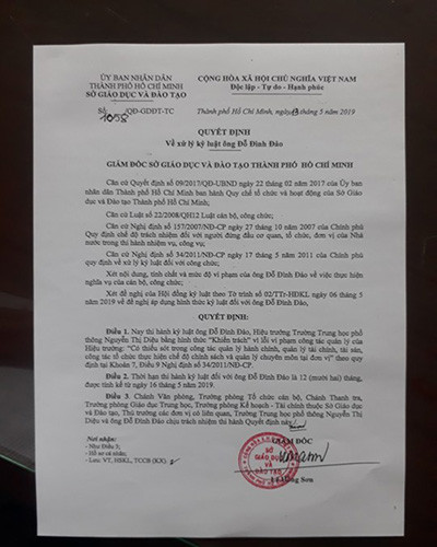 Quyết định 1058 kỷ luật khiển trách ông Đỗ Đình Đảo, Hiệu trưởng Trường Nguyễn Thị Diệu (ảnh: P.L) Quyết định 1058 kỷ luật khiển trách ông Đỗ Đình Đảo, Hiệu trưởng Trường Nguyễn Thị Diệu (ảnh: P.L)