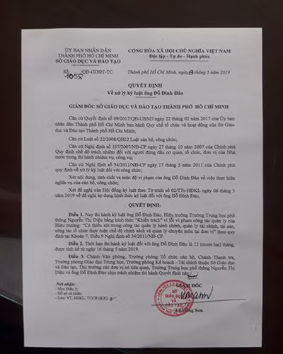 Quyết định 1058 kỷ luật khiển trách ông Đỗ Đình Đảo, Hiệu trưởng Trường Nguyễn Thị Diệu (ảnh: P.L) Quyết định 1058 kỷ luật khiển trách ông Đỗ Đình Đảo, Hiệu trưởng Trường Nguyễn Thị Diệu (ảnh: P.L)