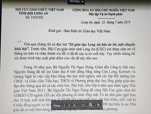 Trích văn bản 153 của Hội Cựu Giáo chức tỉnh Long An gửi Báo Điện tử Giáo dục Việt Nam (ảnh chụp màn hình) Trích văn bản 153 của Hội Cựu Giáo chức tỉnh Long An gửi Báo Điện tử Giáo dục Việt Nam (ảnh chụp màn hình)