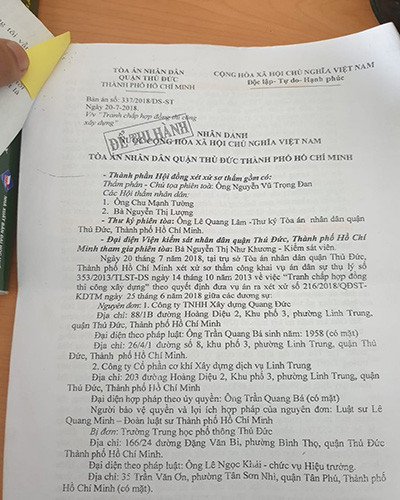 Trích bản án 337/2018 của Tòa án nhân dân quận Thủ Đức, Thành phố Hồ Chí Minh (ảnh: P.L) Trích bản án 337/2018 của Tòa án nhân dân quận Thủ Đức, Thành phố Hồ Chí Minh (ảnh: P.L)