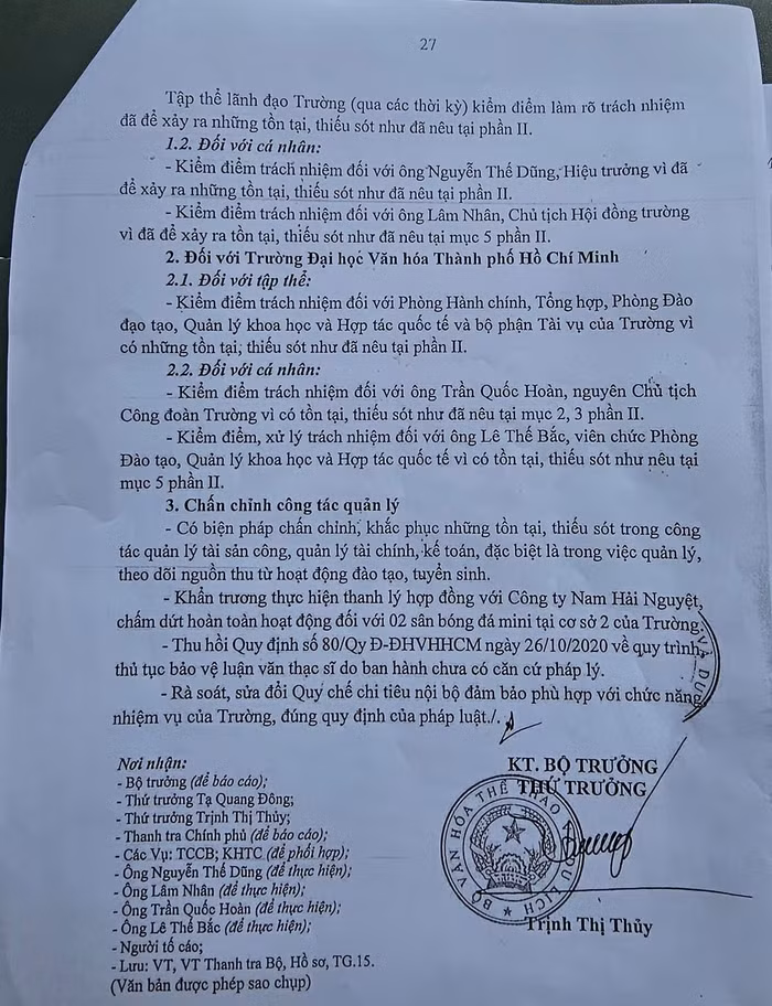 Trích kết luận số 286 do Thứ trưởng Bộ Văn hóa, Thể thao và Du lịch Trịnh Thị Thủy ký (ảnh: V.D)