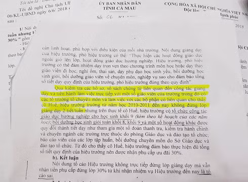 Trích thông báo 148 của Thanh tra thành phố Cà Mau về việc số tiết dạy của bà Tạ Thị Huế (ảnh: P.L)