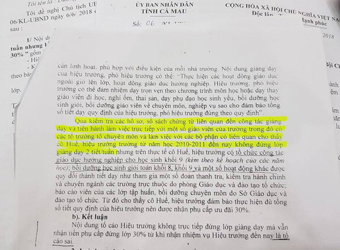 Trích thông báo 148 của Thanh tra thành phố Cà Mau về việc số tiết dạy của bà Tạ Thị Huế (ảnh: P.L) Trích thông báo 148 của Thanh tra thành phố Cà Mau về việc số tiết dạy của bà Tạ Thị Huế (ảnh: P.L)
