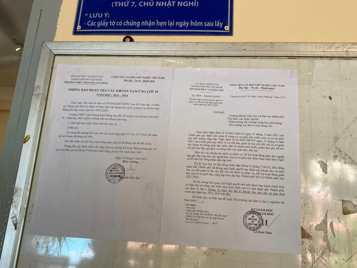 Thông báo hoàn trả tiền tạm ứng cho học sinh lớp 10 của Trường trung học phổ thông Trần Quang Khải (ảnh: V.D)