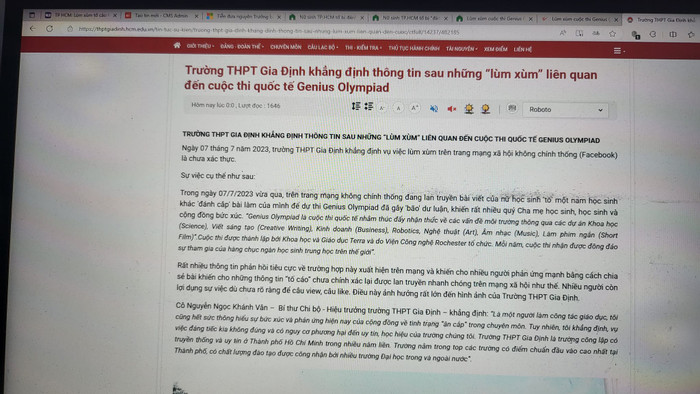 Thông tin bài viết trên website của nhà trường (ảnh chụp màn hình) Thông tin bài viết trên website của nhà trường (ảnh chụp màn hình)