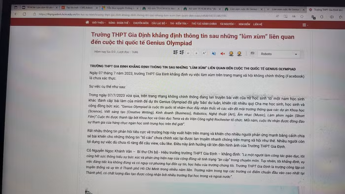 Thông tin bài viết trên website của nhà trường (ảnh chụp màn hình)