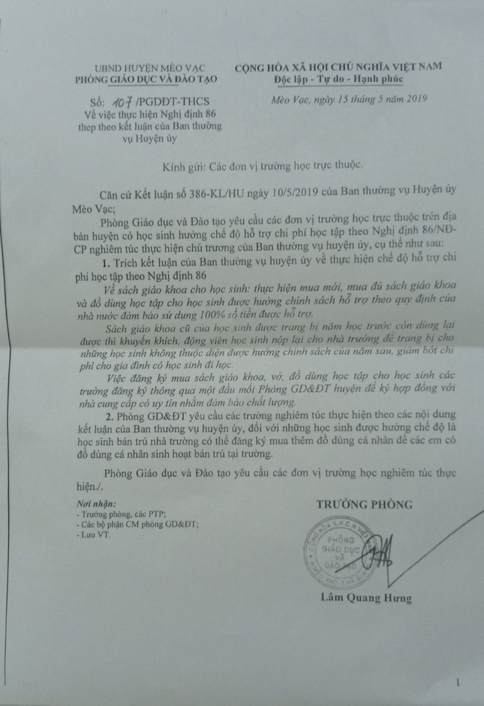 Công văn chỉ đạo của Phòng giáo dục và đào tạo huyện Mèo Vạc (Ảnh:V.N) Công văn chỉ đạo của Phòng giáo dục và đào tạo huyện Mèo Vạc (Ảnh:V.N)