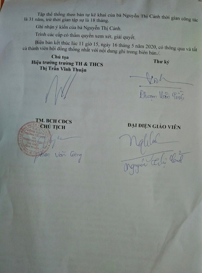 Biên bản họp của Trường Tiểu học và Trung học cơ sở Thị trấn Vĩnh Thuận