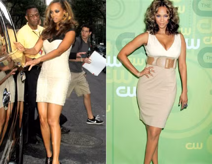 Mọi người đều công nhận rằng siêu mẫu Tyra Bank có một vóc dáng quá chuẩn ở độ tuổi của mình. Hình ảnh so sánh cho thấy siêu mẫu có tăng cân “nhẹ” tại thời điểm hiện tại. Tuy nhiên, những chiếc váy liền ôm sát, có điểm nhấn chữ V ở ngực và vòng hai vẫn giúp cô kiểm soát vòng eo, khiến thân hình đồng hồ cát tỏa sáng.