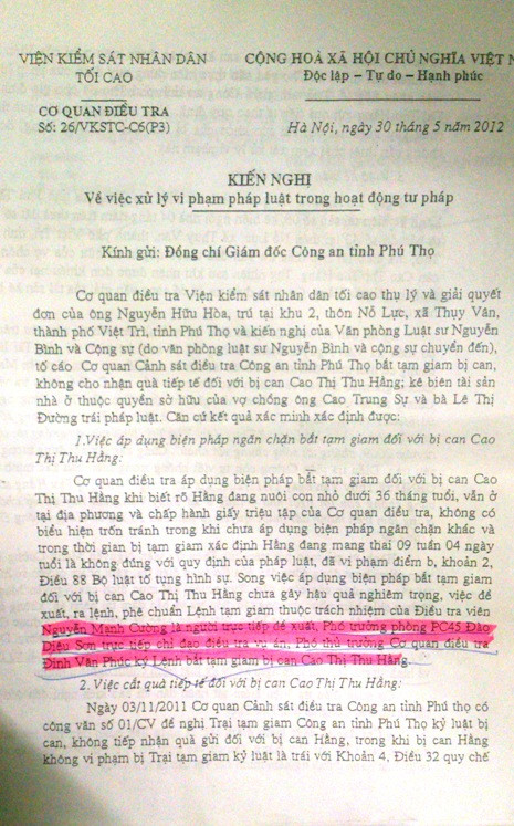 Thông báo của CQĐT VKSNDTC gửi cho GĐ Công an Phú Thọ về việc xử lí vi phạm pháp luật trong hoạt động tư pháp Thông báo của CQĐT VKSNDTC gửi cho GĐ Công an Phú Thọ về việc xử lí vi phạm pháp luật trong hoạt động tư pháp
